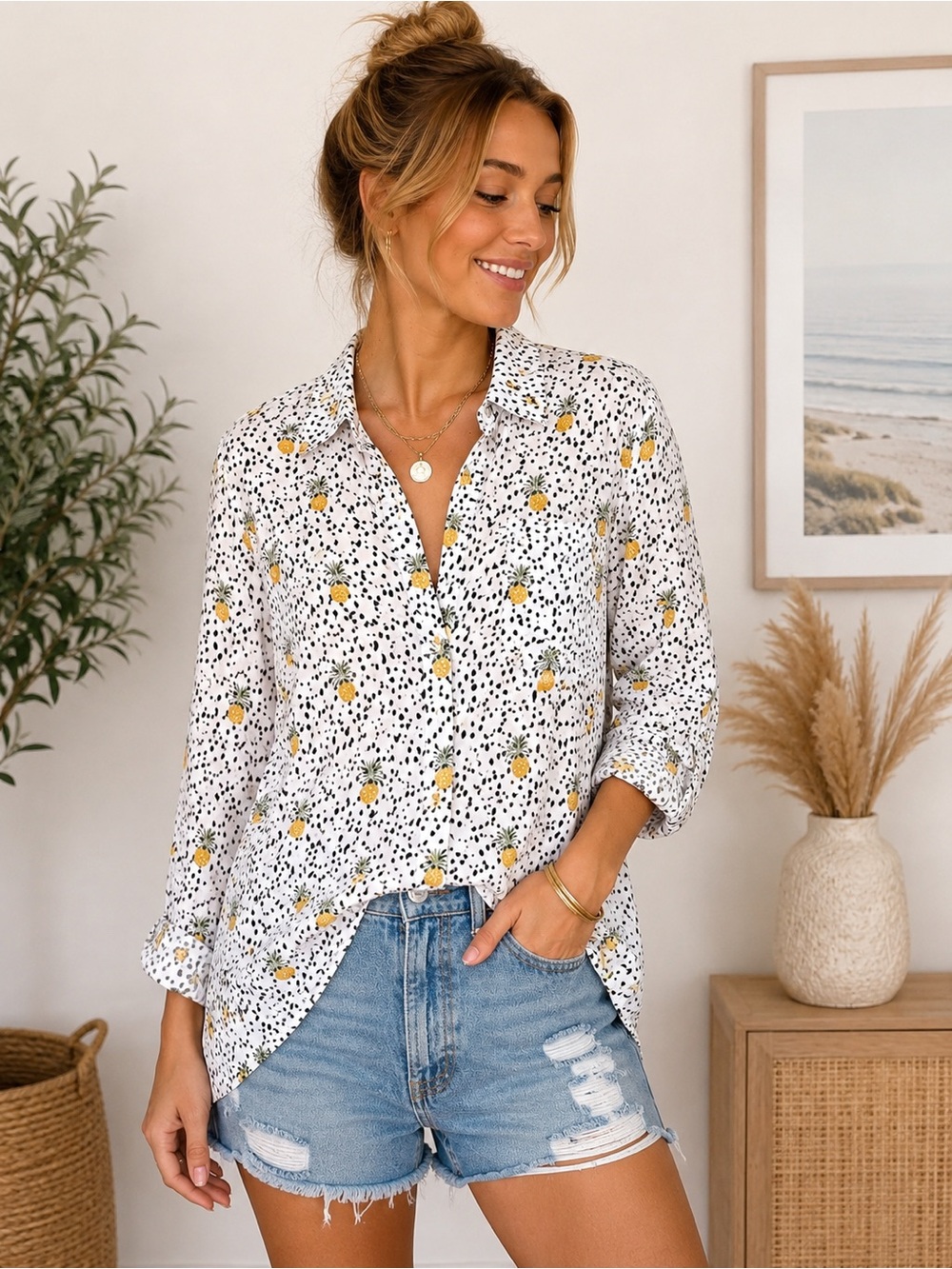 Velvet Heart | Flowy Pineapple Button Down Blouse